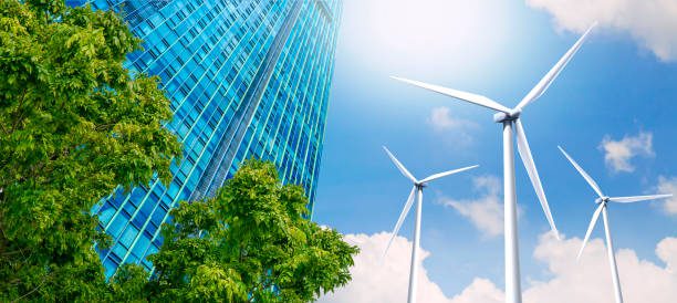 Modern high-rise buildings are powered by wind turbines. and the fresh air from the trees.