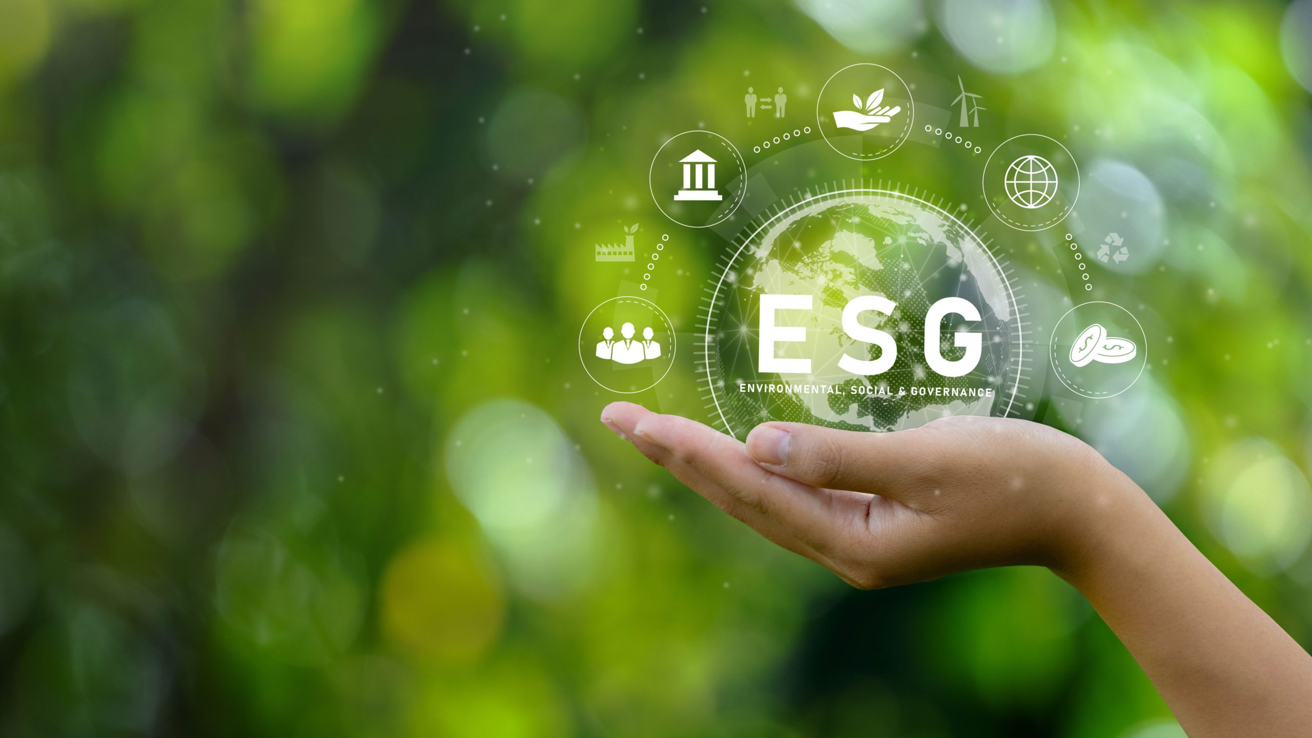 ESG icon concept. Environment in renewable hands. Nature, earth, society and governance SG in sustainable business on networked connections on green background. environmental icon.