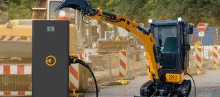 Electric charging station powering electric backhoe for climate equipment finance opportunity.